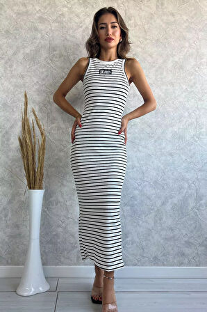 Bisiklet Yaka Amblem Detaylı Kadın Çizgi Desenli Likralı Elbise