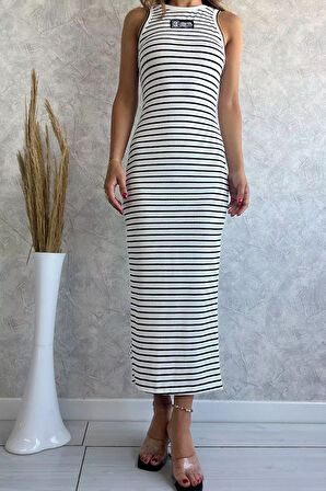 Bisiklet Yaka Amblem Detaylı Kadın Çizgi Desenli Likralı Elbise