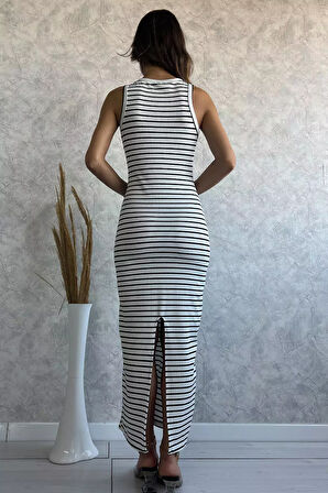 Bisiklet Yaka Amblem Detaylı Kadın Çizgi Desenli Likralı Elbise