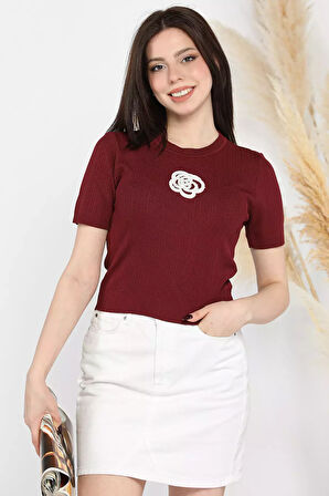 Kendinden Desenli Önü Gül İşlemeli Kadın Crop Top Bluz
