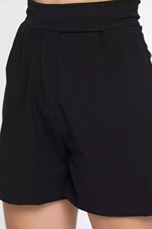 Yüksek Bel Pileli Cırtlı Kadın Cepli Şort