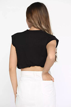 Bisiklet Yaka Bel Lastikli Kadın Basic Crop Top Tişört