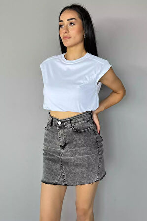 Bisiklet Yaka Bel Lastikli Kadın Basic Crop Top Tişört