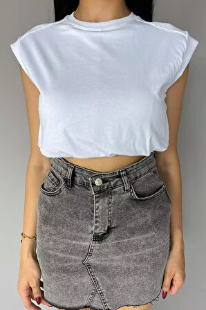 Bisiklet Yaka Bel Lastikli Kadın Basic Crop Top Tişört