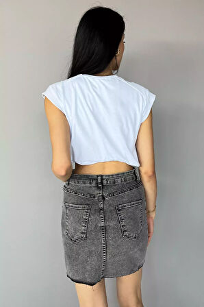 Bisiklet Yaka Bel Lastikli Kadın Basic Crop Top Tişört