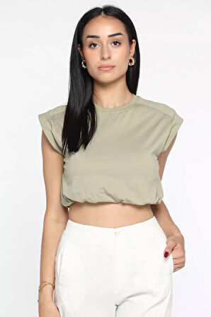 Bisiklet Yaka Bel Lastikli Kadın Basic Crop Top Tişört
