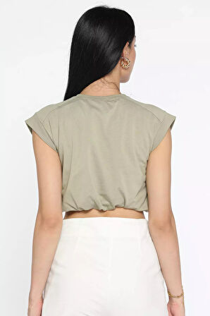 Bisiklet Yaka Bel Lastikli Kadın Basic Crop Top Tişört