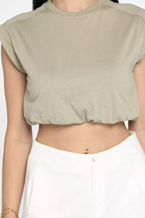 Bisiklet Yaka Bel Lastikli Kadın Basic Crop Top Tişört