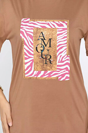 Bisiklet Yaka Baskılı Kadın Tişört