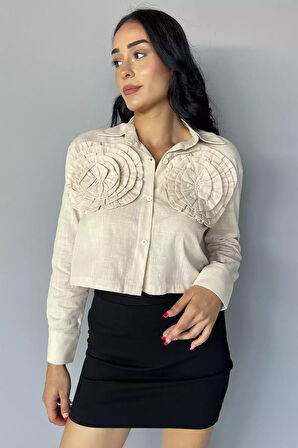 Çiçekli Keten Crop Top Gömlek