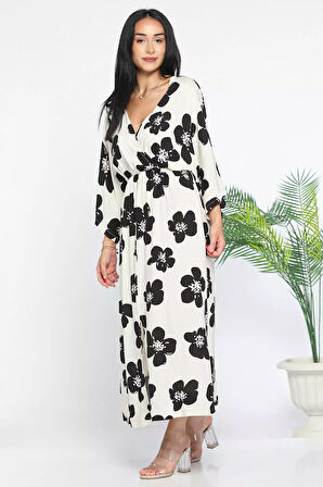 Kruvaze Yaka Yarasa Kol Desenli Viskon Elbise