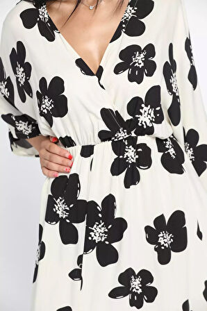 Kruvaze Yaka Yarasa Kol Desenli Viskon Elbise