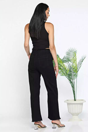 Kadın Yüksek Bel Paça Püsküllü Taş Detaylı Likralı Jean Kot Pantolon