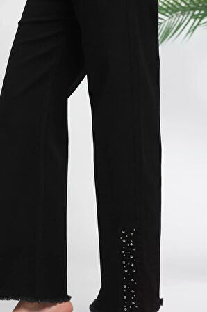 Kadın Yüksek Bel Paça Püsküllü Taş Detaylı Likralı Jean Kot Pantolon