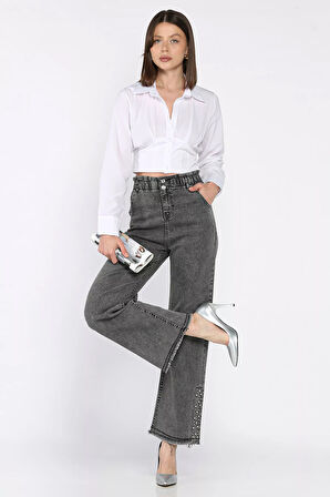 Kadın Yüksek Bel Paça Püsküllü Taş Detaylı Likralı Jean Kot Pantolon