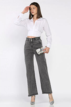 Kadın Yüksek Bel Paça Püsküllü Taş Detaylı Likralı Jean Kot Pantolon