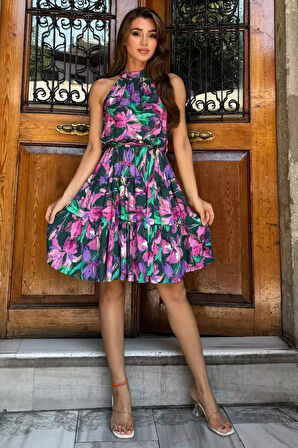 Bel Kuşaklı Desenli Viskon Elbise