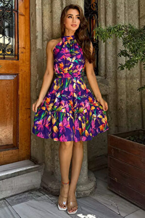 Bel Kuşaklı Desenli Viskon Elbise