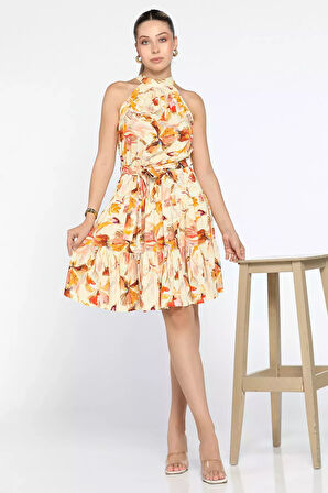 Bel Kuşaklı Desenli Viskon Elbise