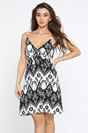 İp Askılı Desenli Bürümcük Kumaş Mini Elbise