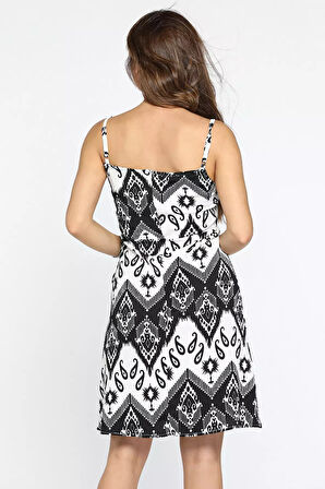 İp Askılı Desenli Bürümcük Kumaş Mini Elbise