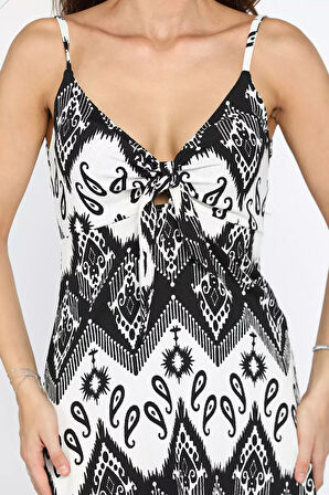 İp Askılı Desenli Bürümcük Kumaş Mini Elbise