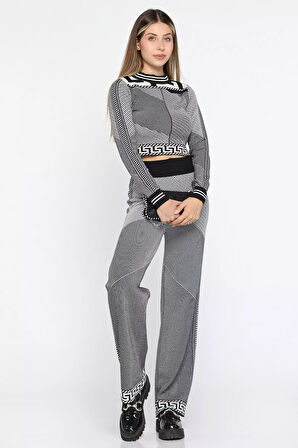 Desenli Crop Bluz Pantolon Triko İkili Takım (s-m Beden Uyumludur)