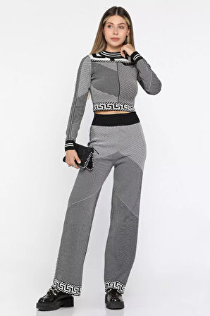 Desenli Crop Bluz Pantolon Triko İkili Takım (s-m Beden Uyumludur)
