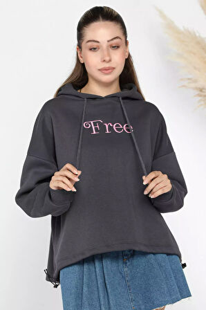 Kapüşonlu Free Nakışlı Üç İplik Şardonlu Sweatshirt