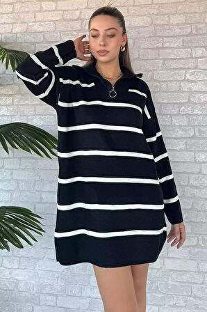 Çizgili Yarım Fermuarlı Triko Tunik