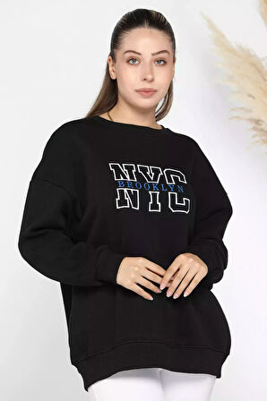 Kadın Nyc Nakışlı Şardonlu Üç İplik Oversize Sweatshirt