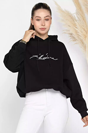 Kadın Kapüşonlu Nakışlı Şardonlu Üç İplik Oversize Sweatshirt