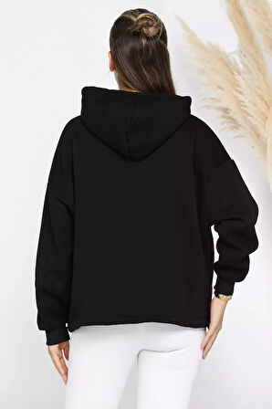 Kadın Kapüşonlu Nakışlı Şardonlu Üç İplik Oversize Sweatshirt