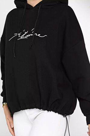 Kadın Kapüşonlu Nakışlı Şardonlu Üç İplik Oversize Sweatshirt