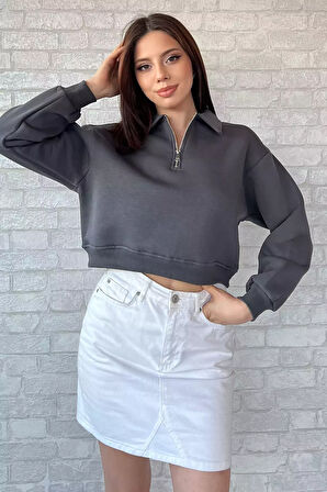 Polo Yaka Yarım Fermuarlı Üç İplik Şardonlu Sweatshirt