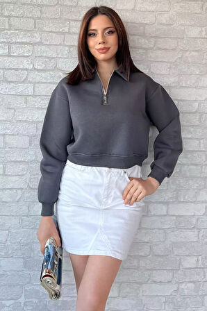 Polo Yaka Yarım Fermuarlı Üç İplik Şardonlu Sweatshirt