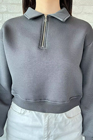 Polo Yaka Yarım Fermuarlı Üç İplik Şardonlu Sweatshirt