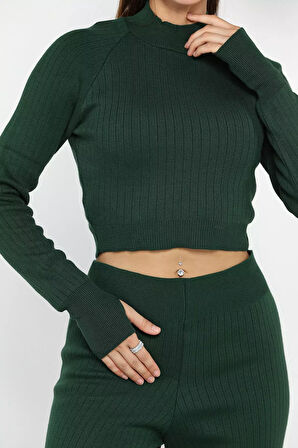 Kadın Yarım Balıkçı Örgü Crop Kazak Pantolon Triko Alt-üst Takım