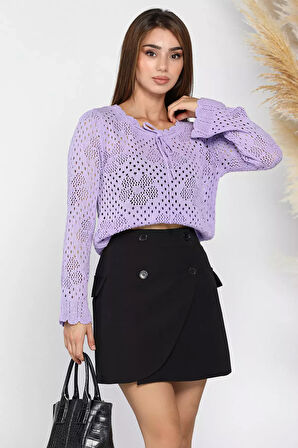 Ajurlu Yaka Bağcıklı Mevsimlik Triko Bluz