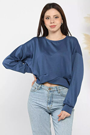 Kadın Bisiklet Yaka Pile Detaylı Sweatshirt