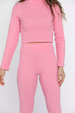 Yarım Balıkçı Yaka Kaşkorse Crop Bluz Tayt İkili Takım