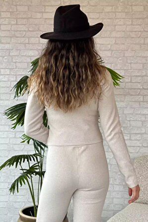 Yarım Balıkçı Yaka Kaşkorse Crop Bluz Tayt İkili Takım