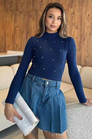 Yarım Balıkçı Yaka Taşlı Crop Top Bluz (s-m Beden Uyumludur)