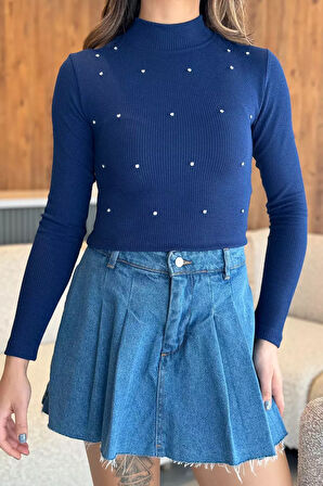 Yarım Balıkçı Yaka Taşlı Crop Top Bluz (s-m Beden Uyumludur)