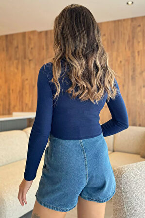 Yarım Balıkçı Yaka Taşlı Crop Top Bluz (s-m Beden Uyumludur)