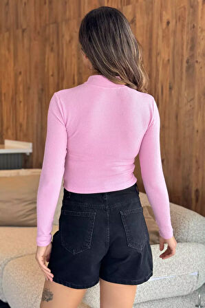 Yarım Balıkçı Yaka Taşlı Crop Top Bluz (s-m Beden Uyumludur)