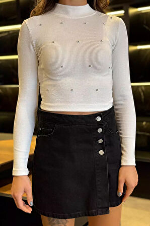 Yarım Balıkçı Yaka Taşlı Crop Top Bluz (s-m Beden Uyumludur)