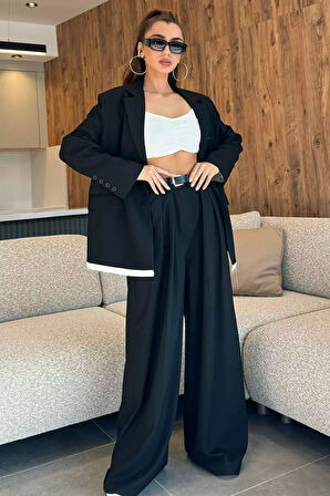 Kadın Kemerli Bel Piliseli Bol Paça Palazzo Pantolon