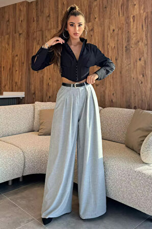 Kadın Kemerli Bel Piliseli Bol Paça Palazzo Pantolon