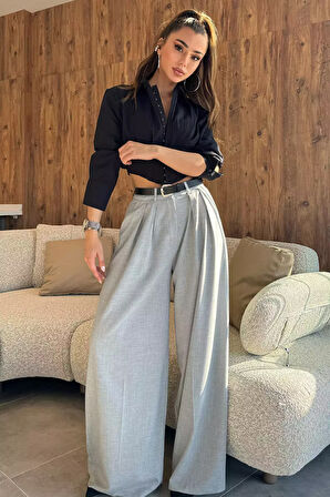 Kadın Kemerli Bel Piliseli Bol Paça Palazzo Pantolon